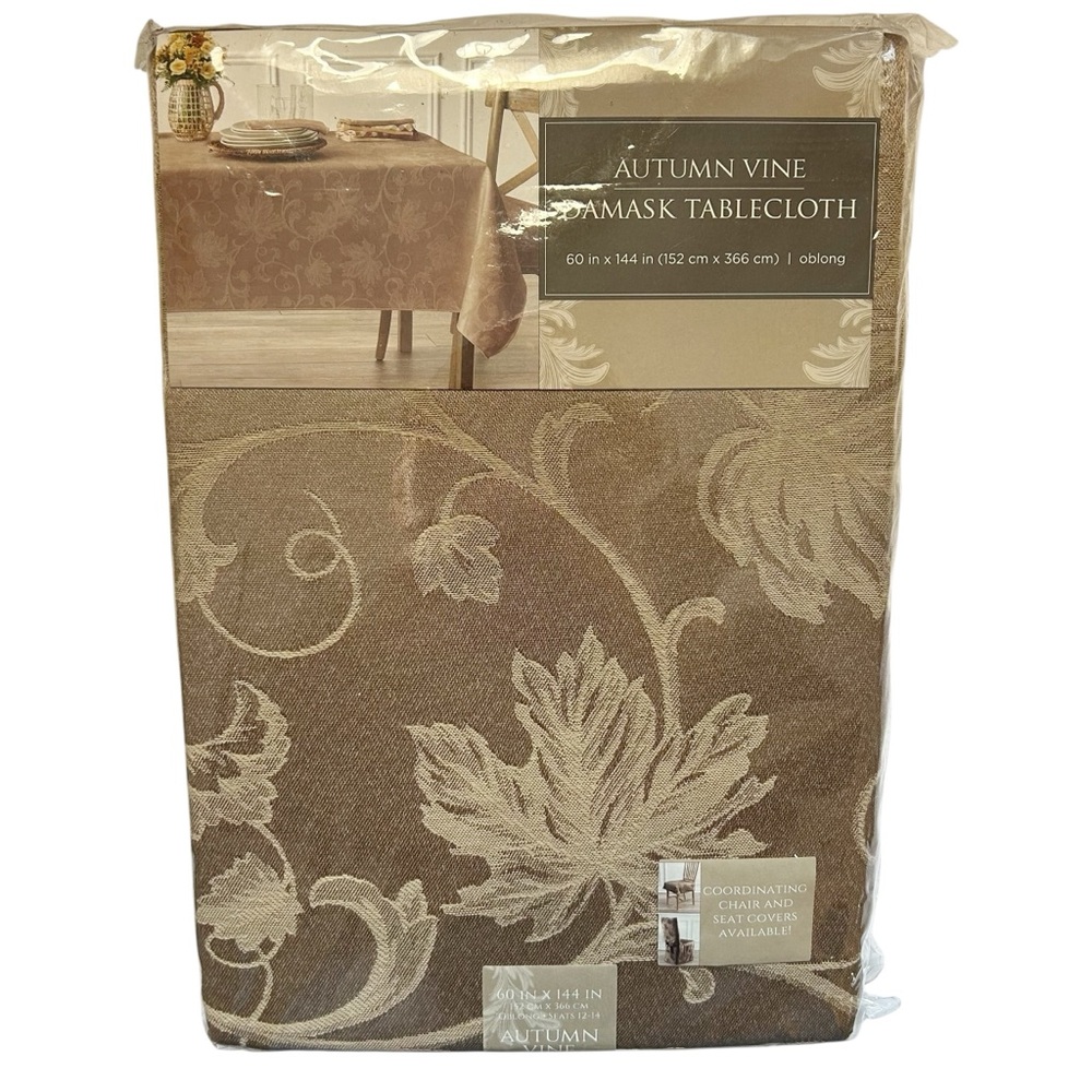 New Town & Country Living Taupe Autumn Vine Damask Tablecloth 60 x 104 Oblong